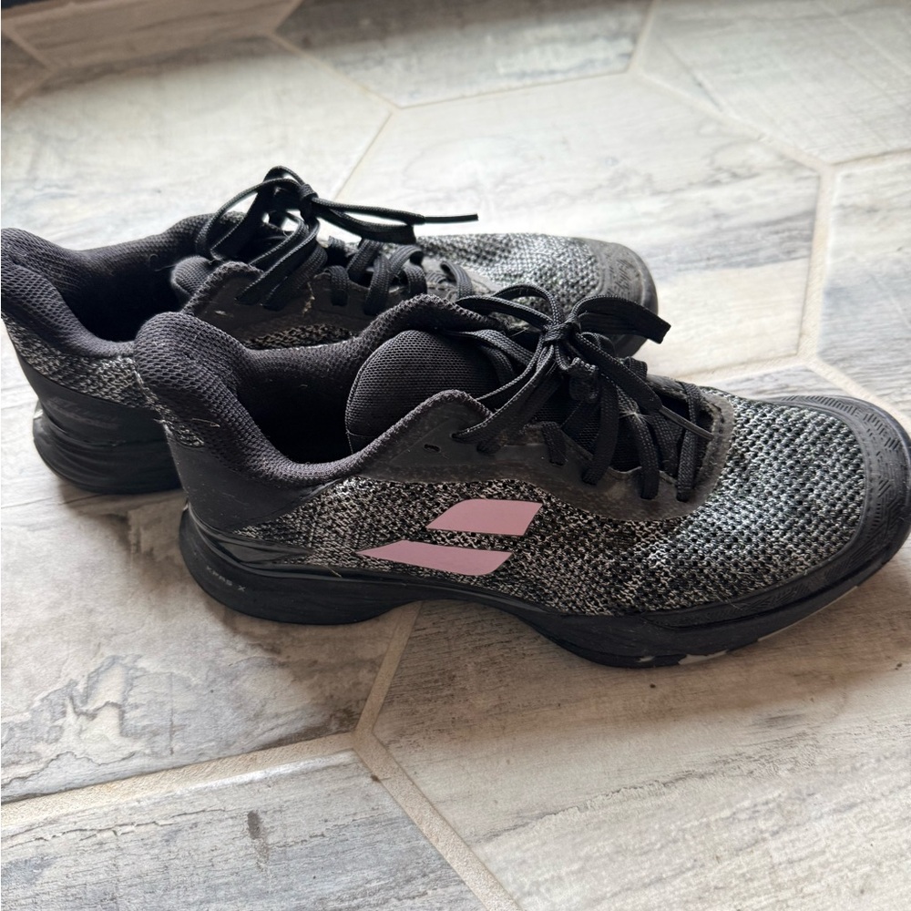 Black and Gray Athletic Shoes with Pink Accent